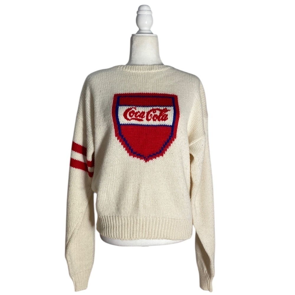 Vintage Coca Cola Knit Sweater Cream Intarsia Red Blue Logo Wool Blend 80s - Picture 2 of 11